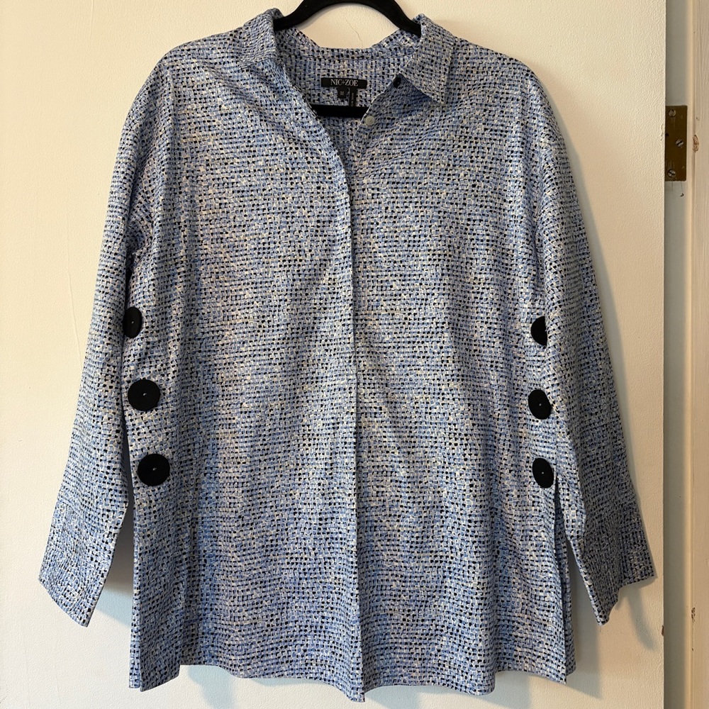 NIC+ZOE Shirt Women's Medium Blue Button Front Coastal Career Minimalist Classic
